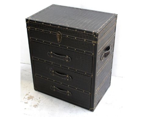 A twin-handled faux leather travelling trunk with hinged top compartment above two drawers, approx 71 x 60 x 40cm.