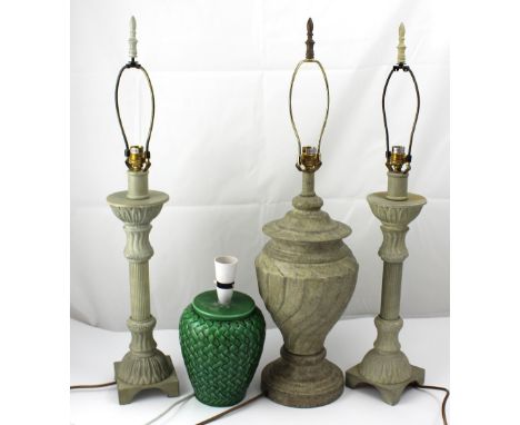 A pair of ceramic table lamps, Classical reeded column to square base, height 46cm, a ceramic lamp of baluster form to steppe