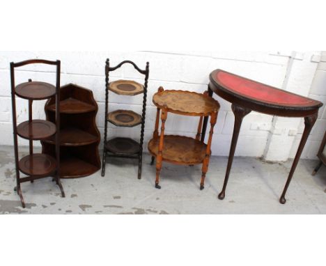 An oak cakestand, a mahogany cakestand, a yew wood two-tier oval table, a reproduction console table and a set of oak corner 