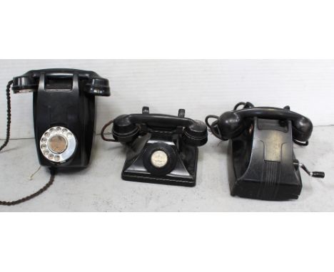 Three vintage black Bakelite telephones to include a wall-mounted 333 model, a GPO H36/234 model and one other stylised Art D