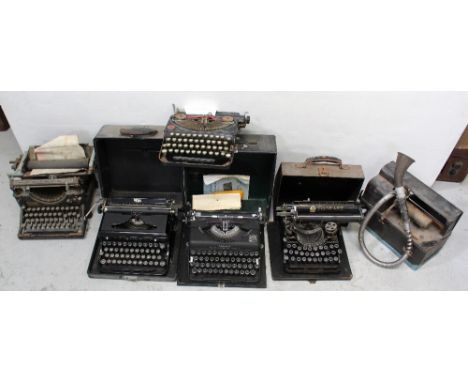 A vintage Underwoods Standard typewriter no.5, further portable typewriters and a Bell Eddison style wax cylinder recorder (6