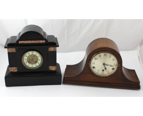 A mid-20th century oak-cased Napoleon hat clock, the silvered dial set with Arabic numerals, height 26cm and a late 19th/earl