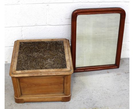 A Victorian mahogany swing mirror (lacking stand), a small commode, a small walnut pot cupboard with white ceramic pot to int
