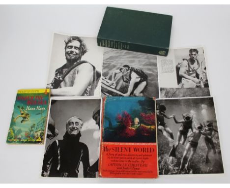 Jacques Cousteau; first edition 'The Silent World' and 'Captain Cousteau's Underwater Treasury', plus photographs and Hans Hv