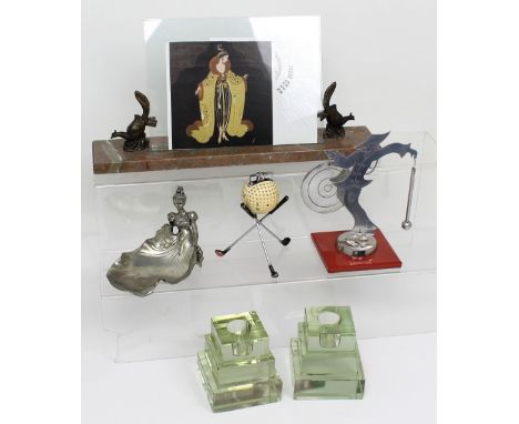 A small collectors' lot to include a pair of stepped Art Deco style candlesticks, an Art Deco photograph frame with bronzed p