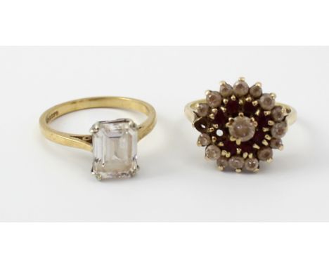 A 9ct gold ladies' dress ring set with a rectangular solitaire white stone, size P and a 9ct gold dress cluster ring set with