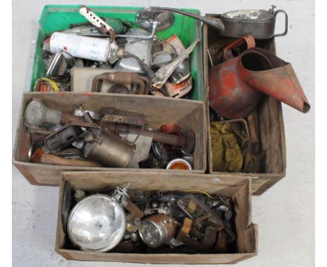 Three vintage boxes and one other containing a quantity of vintage tools to include bit and brace, screwdrivers, hammers, oil