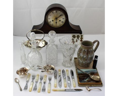 A mixed lot to include an oak-framed mantel clock, cut glass decanter, electroplated items etc.