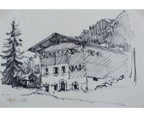 JACK MERRIOTT RI (1901-1968); pencil sketch, study of a house in Tyrol, signed lower-right with descriptive label verso, 17 x