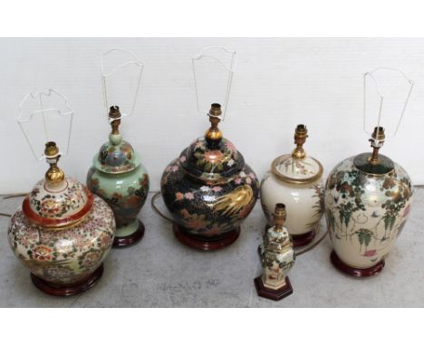 Six porcelain lamp bases, some in the form of jars and covers, others of obovoid form, decorated in the Chinese style in colo