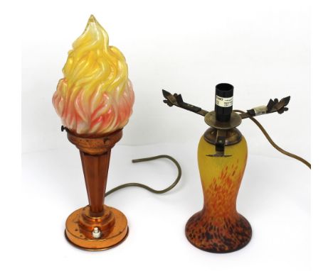 An Art Deco Bakelite reeded column lamp on copper-coloured stepped support with glass stylised flame shade, height 38cm and a