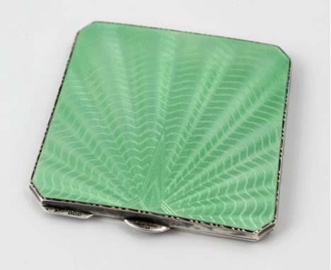 A George VI hallmarked silver Art Deco guilloché green enamelled compact, Birmingham 1947, approx 3.2ozt. CONDITION REPORT On