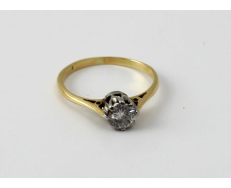 An unmarked yellow metal diamond solitaire ring, the round brilliant cut stone approx 0.25ct, size L, approx 1.88g.