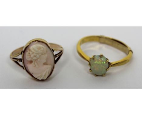 Two 9ct gold dress rings, one set with cameo, size O, the other set with an oval opal, size P, approx combined 6.2g (2).