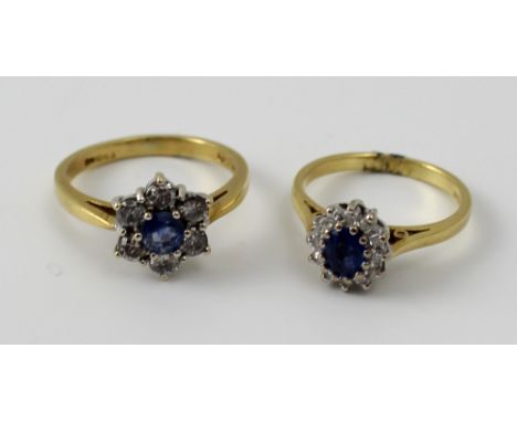 Two 18ct yellow gold, diamond and blue stone cluster rings, size of largest K, approx combined 5.9g (2).