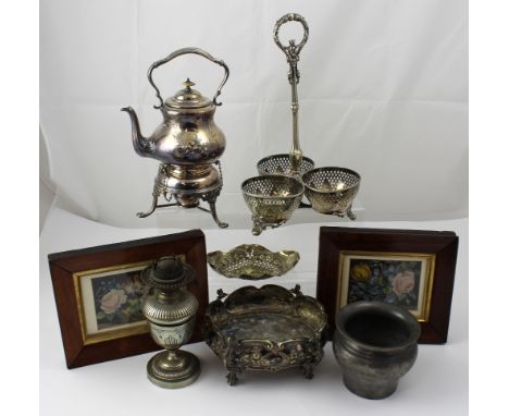 A small amount of plated ware to include an Edwardian oil lamp of Classical form, a centre piece, a spirit kettle etc and a p