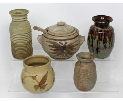 A small collection of studio pottery cases and a soup tureen complete with ladle, one vase by Laurie Wails, other items indis