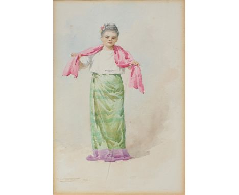 R TALBOT KELLY (1861-1934); watercolour, woman with flowers in hair and pink with scarf, signed lower-left, 29 x 16cm, framed