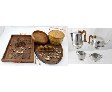 A retro Picquot ware tea service to include teapot, hot water jug, sugar bowl and milk jug, two treen trays and a small quant