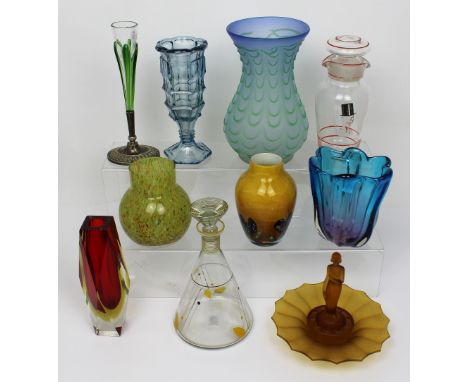 A quantity of glassware to include two Art Deco glass decanters, a Murano-style red vase, Caithness vases, a retro blue vase 