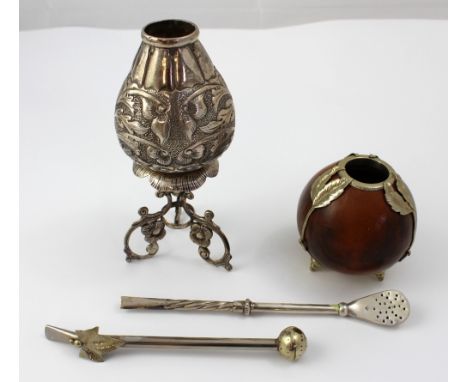 A 925 silver mate cup on tripod base with bombilla straw, approx 7.5ozt, and similar Kalabesh Gourd mate cup with silver plat