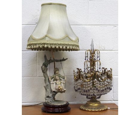 A decorative amethyst and clear faux crystal drop table lamp, height 52cm and a decorative table Capodimonte-style table lamp