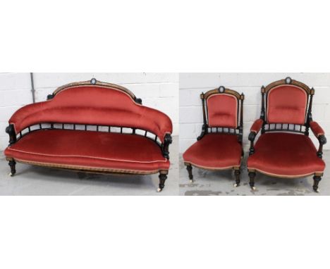 A late Victorian/Edwardian mahogany salon sofa, curved inlaid backrail with central Jasperware oval cartouche, to curved outs