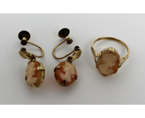 A 9ct gold cameo ring, size L and a pair of 9ct gold cameo drop earrings, approx combined 4.5g. CONDITION REPORT Cameo size; 