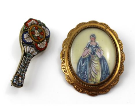 A 20th century gilt metal framed hand-painted portrait brooch and a micromosaic brooch in the form of a mandolin (2).