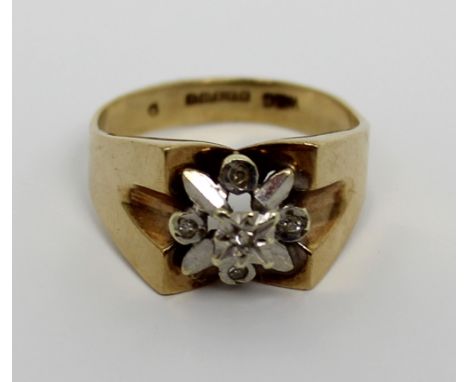 A c1970s 9ct gold ladies' dress ring, floral-set with diamond chips, size N, approx 4.2g.