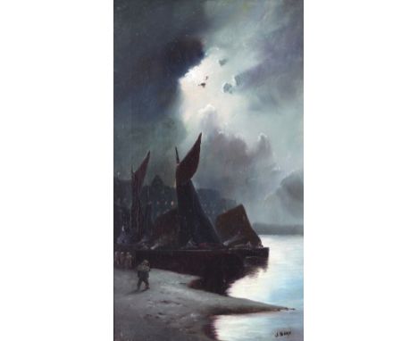 J BOND; oil on canvas, seascape, sailing boats in harbour with stormy evening skies, 62 x 30cm, framed. †   CONDITION REPORT 