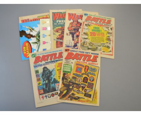 Six Vintage UK war comics with free gifts including Warlord no 1 (Sep 1974) with free gift (7 golden replica medals), no 2 (O