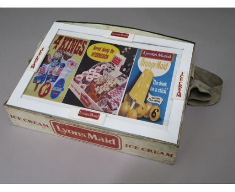 A vintage wooden Lyons Maid cinema usherette's ice cream tray in used condition with original strap and fixings. Thought to d
