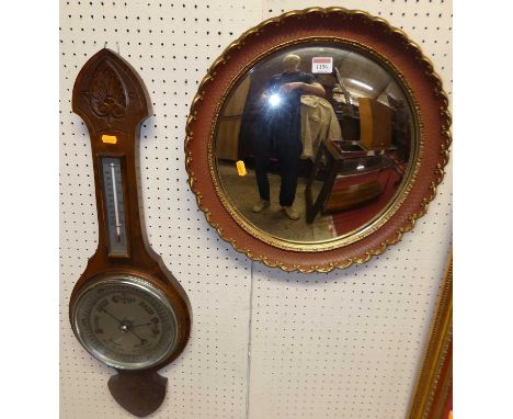 A contemporary gilt framed circular convex wall mirror, dia.44cm; together with a mid-20th century oak two-dial aneroid barom