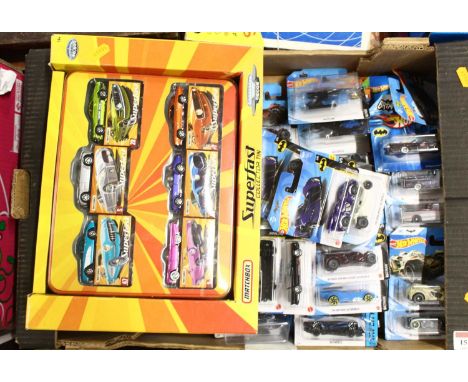 A tray containing Hot Wheels boxed modern issue diecast to include TV series Batmobile, The Mystery Machine, Bat Pod, etc, to