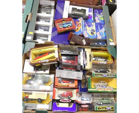 Two trays containing boxed modern issue diecast to include Corgi Classics 1929 Thorneycroft, Dinky Toys Cadillac V16 etc