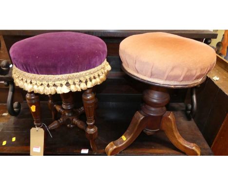 An Edwardian walnut and later purple fabric and braided upholstered circular music stool, raised on ring turned supports, hei