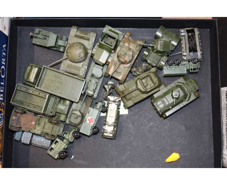 A small tray containing various loose and playworn diecast to include No. 621 3 ton army truck, Matchbox Centurion tank Mk3 e