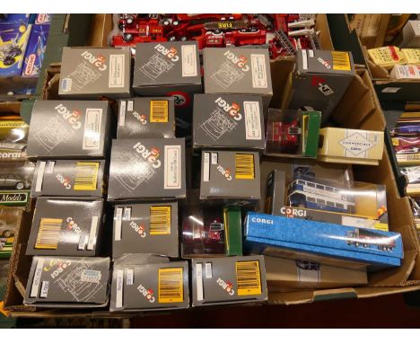 A tray containing Corgi Toys boxed modern issue diecast to include Corgi Classics AEC bus, Bedford Type OB coach