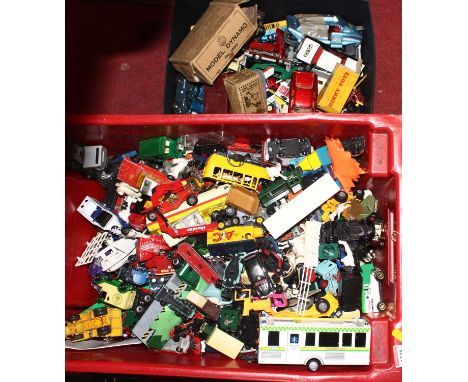 Two boxes containing a quantity of loose and playworn diecast to include Corgi Jaguar XJS, Vanguards, Rover P4, Dinky Toys Pl