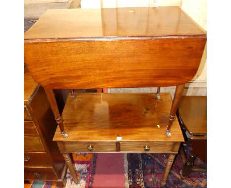 A late Victorian mahogany two-drawer side table, raised on ring turned supports, width 92cm, together with a further 19th cen