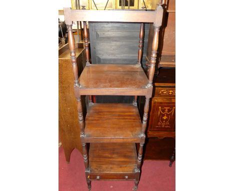 A circa 1830s mahogany square four-tier whatnot, raised on ring turned columns to single drawer base section, width 46cm