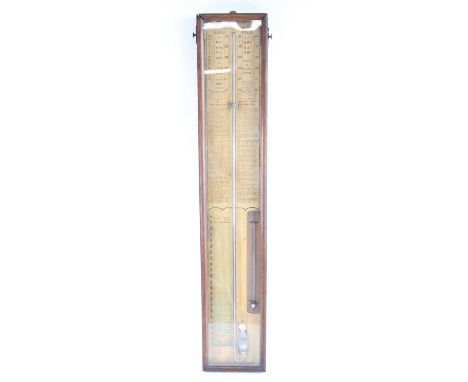 A late Victorian Admiral Fitzroy's barometer, with paper scale and subsidiary thermometer dial, housed in a glazed oak case, 