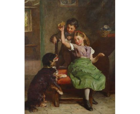 James Clark Waite (1832-1920) - Two friends with a pooch, oil on canvas, signed lower right, 50 x 40cmSmall patch repair vers
