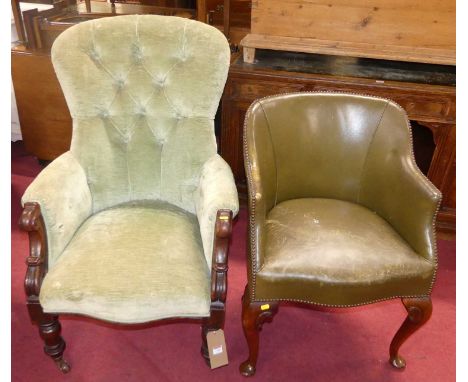 A mid-Victorian mahogany and later green dralon button back upholstered spoon back armchair, width 66cm, together with a 1930