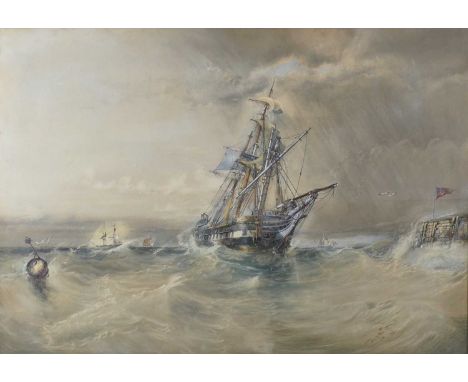 Charles Poole - A disabled naval frigate returning to harbour, watercolour, signed lower right, 63.5 x 91cm