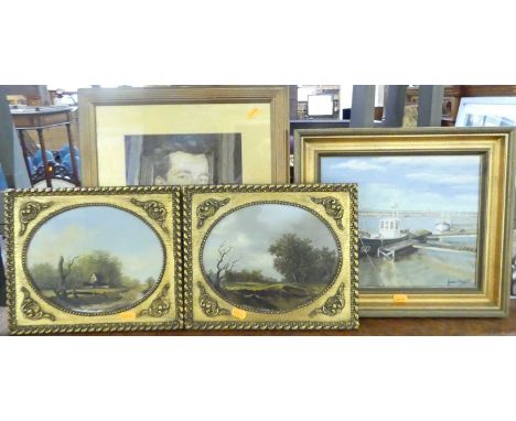 20th century English school - Pair Rural landscape scenes, oil on panel, each framed as ovals, 19 x 24cm; Jean Barber - Black