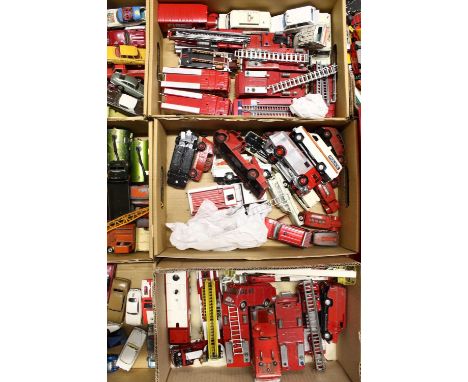 Three trays of various loose and playworn diecast to include Dinky Toys Ford Transit van, Corgi Volvo fire engine, etc