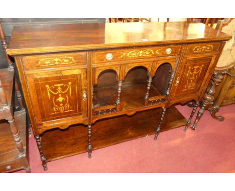 An Edwardian rosewood and floral satinwood inlaid side cabinet, having an arrangement of single frieze drawer, twin cupboard 
