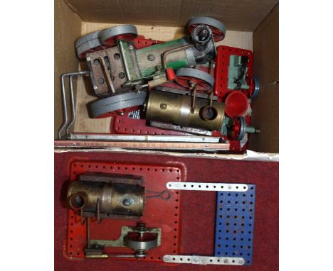 A Mamod four various steam engines, all mounted on Meccano metal components, together with a Mamod TE1A steam traction engine